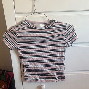 H&M Pink and Black Striped Ribbed Tee